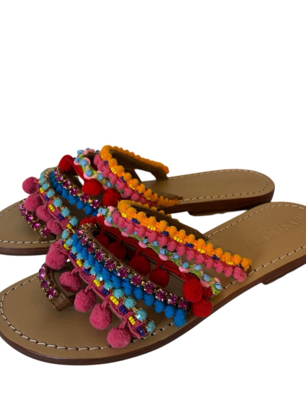 Mystique Handmade Clayton Sandals multicolor beaded pom poms boho Toe Loop US  6
